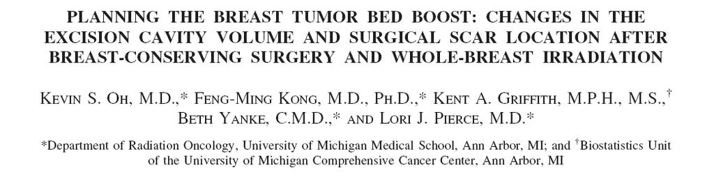 Red J, 2007 Methods: 30 pt with 31 breast cancer Accuracy of scar based planning (SBP) was evaluated using CT based delineation of the tumor