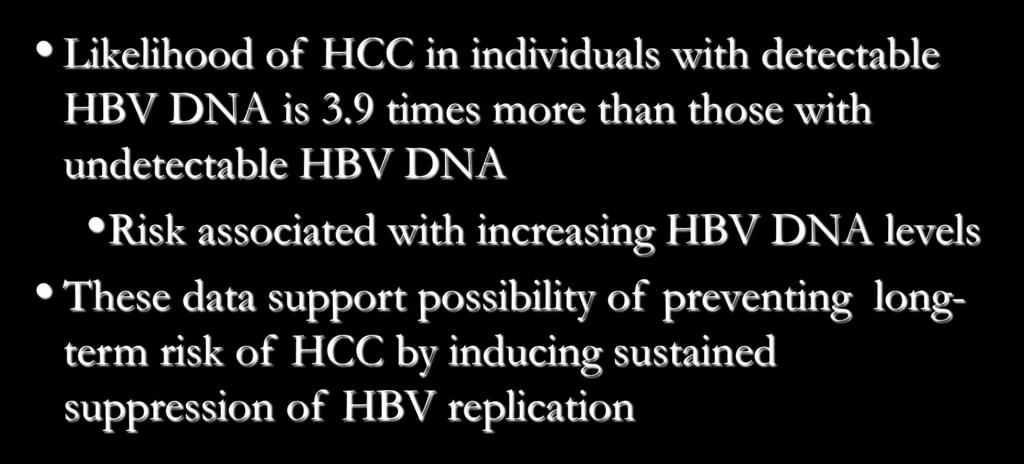 9 times more than those with undetectable HBV DNA Risk associated with increasing HBV DNA levels These
