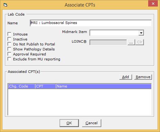 desired code Associate CPTs LOINC field,