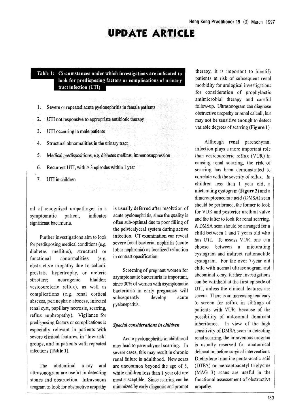 UPDATE ARTICLE Hong Kong Practitioner 19 (3) March 1997 Table 1: Circumstances under which investigations are indicated to look for predisposing factors or complications of urinary tract infection