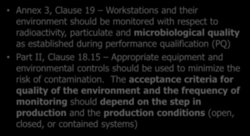 PIC/S Code of GMP Regulatory Requirements (PE 009-13) Annex 3, Clause 19 Workstations and their environment should be monitored with respect to radioactivity, particulate and microbiological quality