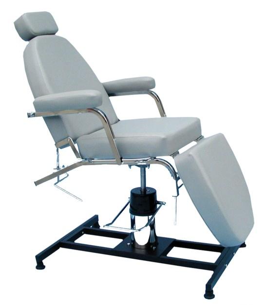 Chair may be raised, lowered or locked anywhere within a 360 turning radius. Vertically adjustable flat headrest. Maximum Length (reclined): 67". Overall Width: 28". 26" x 30" hydraulic base.