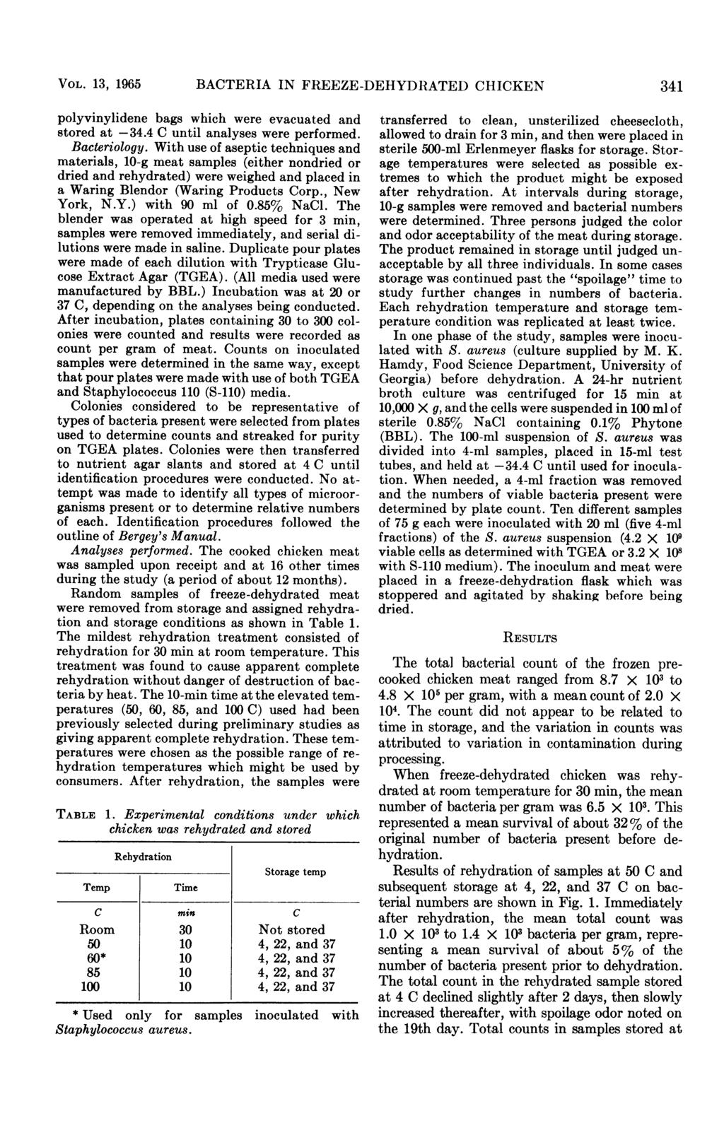 VOL. 13, 1965 BATERIA IN FREEZE-DEHYDRATED HIKEN 341 polyvinylidene bags which were evacuated and stored at -34.4 until analyses were performed. Bacteriology.