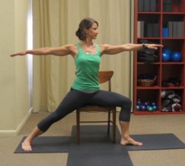 Chair Yoga: Warrior 2 Begin in a standing position so that one foot is 2-3 feet in front of the other. You may sit halfway on a chair or hold a railing with one hand for support.