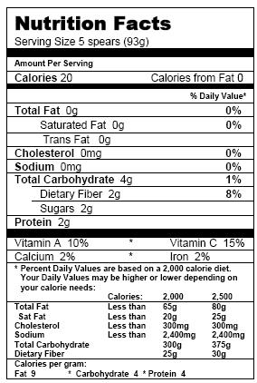 Asparagus Nutrition Facts Voluntary Data: Potassium 230 mg; 7% DV 100% of vitamin A is Beta Carotene Soluble Fiber 1 g Insoluble Fiber 1 g Nutrient Content Descriptors