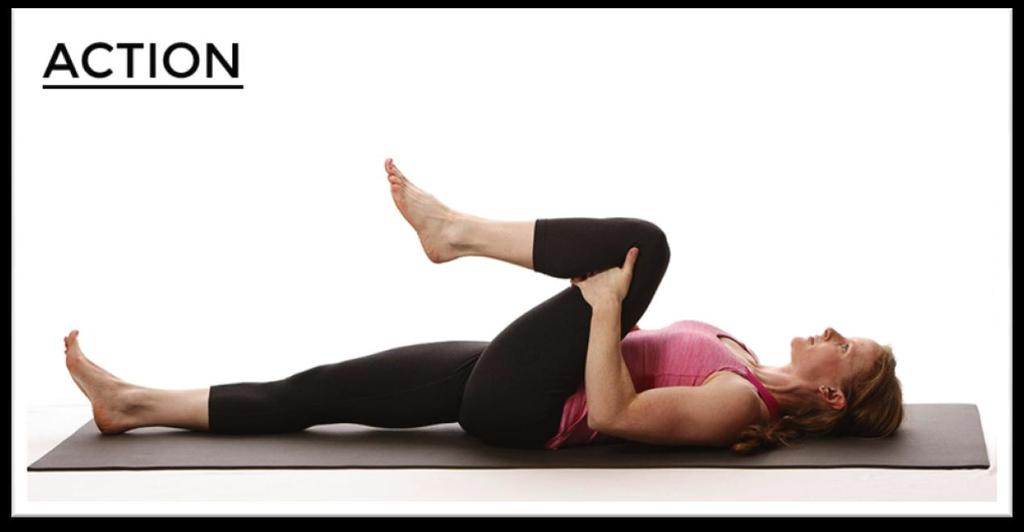2. Knee to Chest Lay on the floor with your knees bent and your feet flat on the floor. Slowly bring one knee towards your chest while still keeping your other foot and lower back flat on the floor.