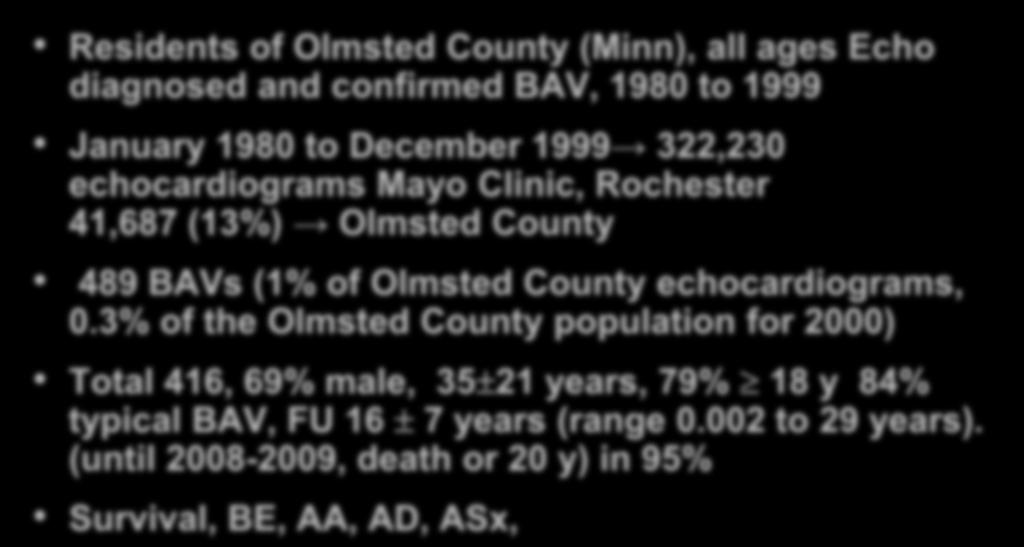echocardiograms Mayo Clinic, Rochester 41,687 (13%) Olmsted County 489 BAVs (1% of Olmsted County echocardiograms, 0.
