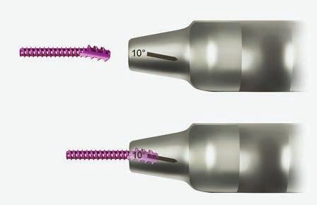 8 Prepare implant for driving Place the selected implant into the driver by inserting the barbed end of the implant into the appropriate cavity on the end of the driver instrument: IMPLANT