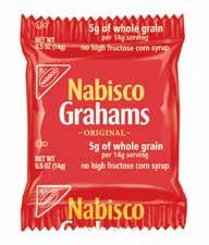 Serving Size 1 pack (14g) NABISCO Whole Grain Grahams 200/0.5 OZ. 2 CT. Calories 60 Calories from fat 15 Total Fat 1.5g 2 % Polyunsaturated Fat 0.