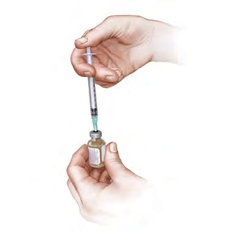 Insert the needle through the rubber stopper and inject air into the upright vial by pushing down on the plunger until it cannot be
