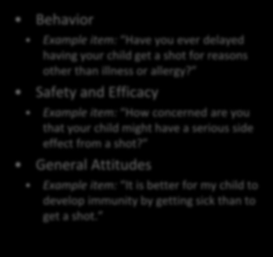 Safety and Efficacy Example item: How concerned are you that your child might have a serious side effect from a shot?