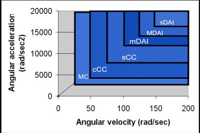 Six sets of peak angular acceleration and angular thresholds were established to describe each injury severity.