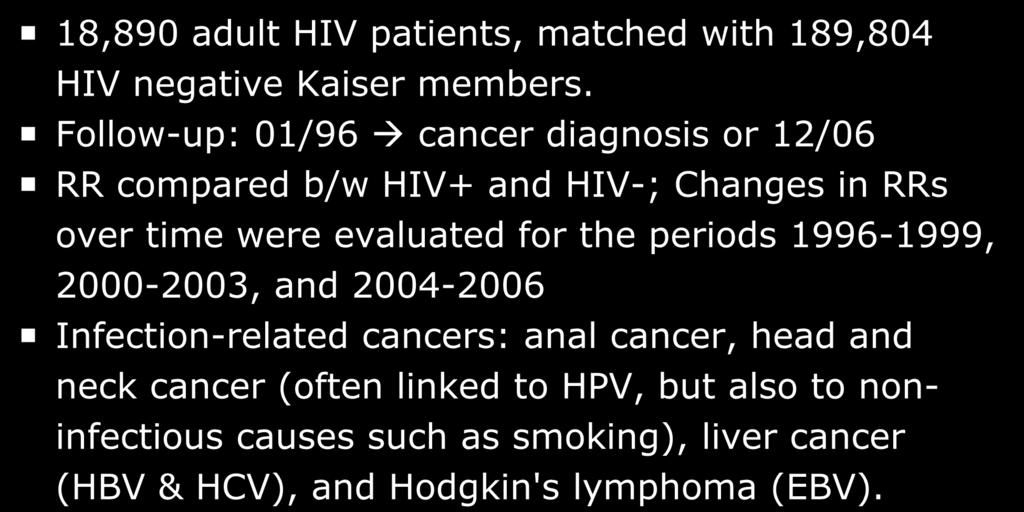 Non-AIDS-defining Cancers in HIV+ and HIV- Patients 18,890 adult HIV patients, matched with 189,804 HIV negative Kaiser members.