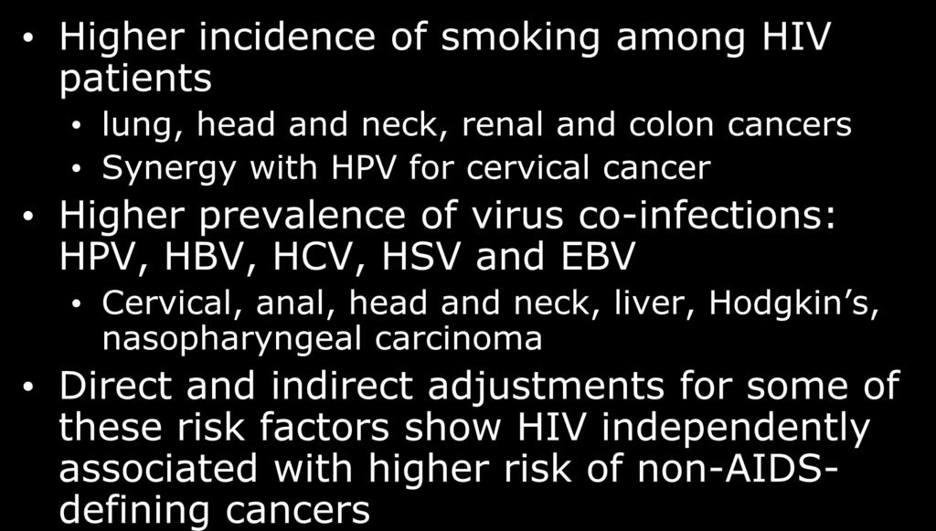 Traditional Cancer Risk Factors in Individuals with HIV/AIDS Higher incidence of smoking among HIV patients lung, head and neck, renal and colon cancers Synergy with HPV for cervical cancer Higher