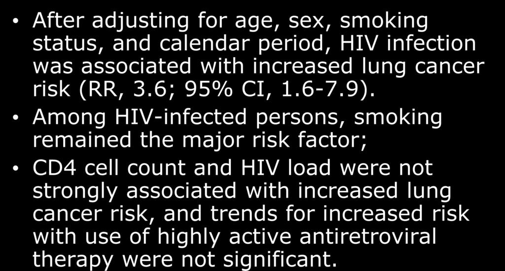 HIV infection is associated with an increased risk for lung cancer.