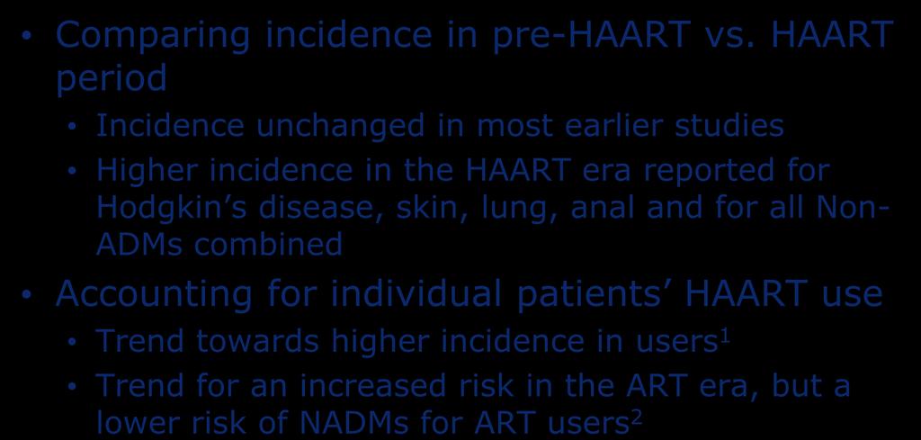 Impact of HAART on Non-AIDS- Defining Malignancies Comparing incidence in pre-haart vs.