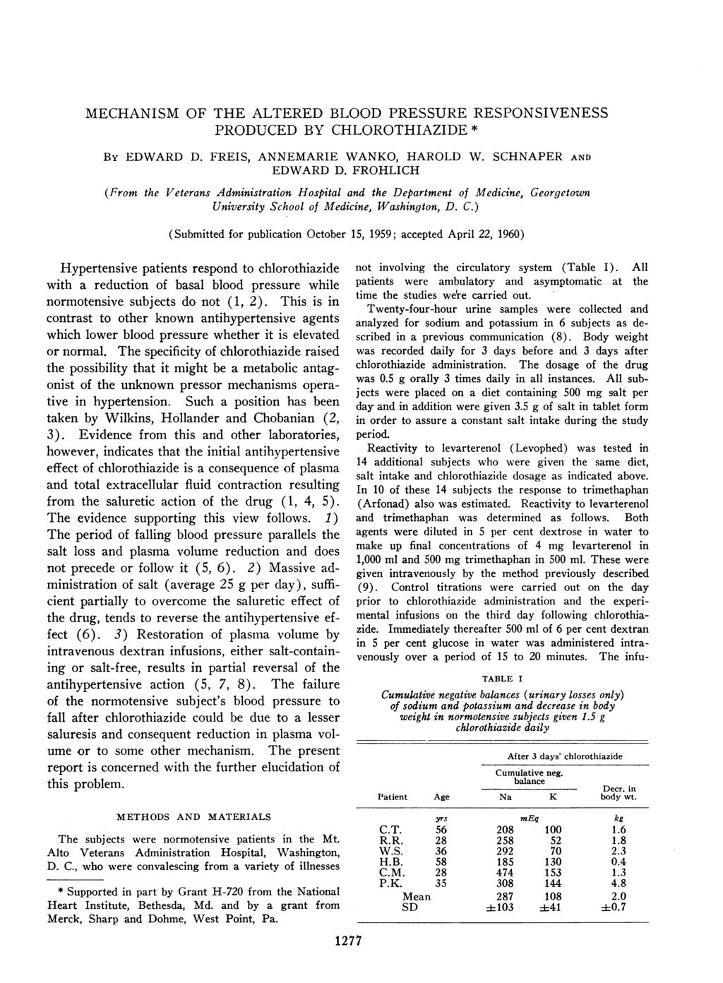 MECHANISM OF THE ALTERED BLOOD PRESSURE RESPONSIVENESS PRODUCED BY CHLOROTHIAZIDE * By EDWARD D. FREIS, ANNEMARIE WANKO, HAROLD W. SCHNAPER AND EDWARD D.