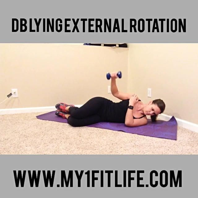 DUMBBELL EXTERNAL ROTATION GRAPEVINE Lie on your side on a bench or mat, holding a dumbbell