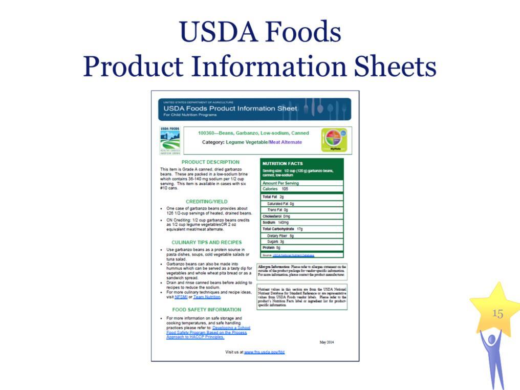 Here is an example of a USDA Foods Product Information Sheet.