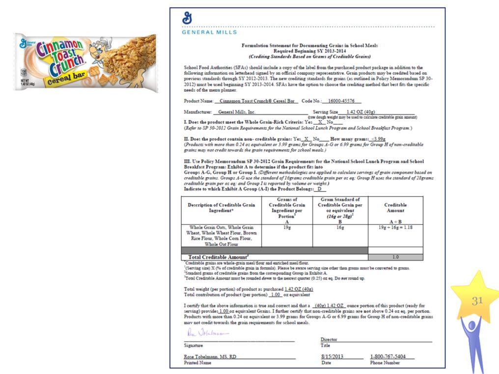 This Product Formulation Statement (PFS) shows the amount of creditable grain