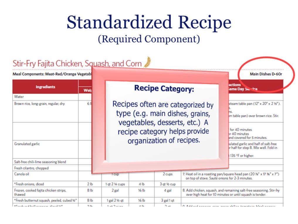 Recipe Category: Recipes often are categorized by type (e.g. main dishes, grains, vegetables, desserts, etc.