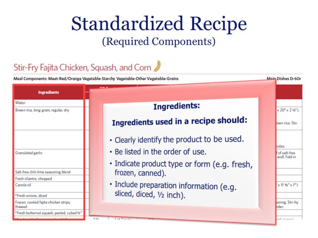 Ingredients: Ingredients used in a recipe should: Clearly identify the product to be used. Be listed in the order of use.