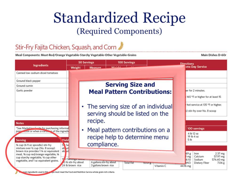 Serving Size and Meal Pattern Contributions: The serving size of an individual serving should be listed on
