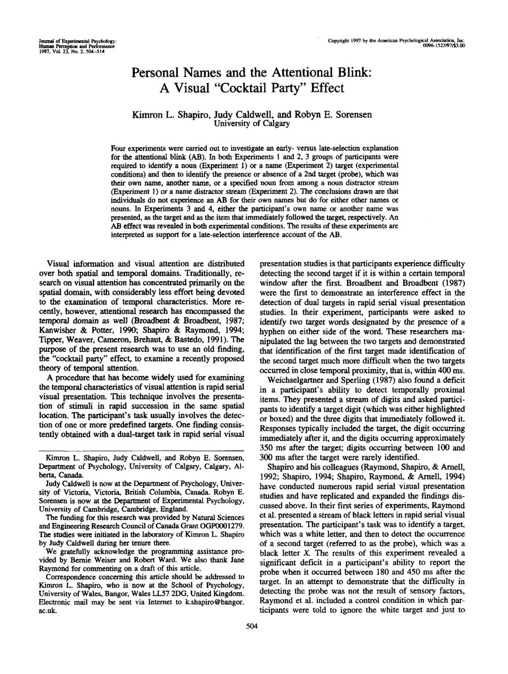 Journal of Experimental Psychology: 1997. Vol. 23, No. 2, 504-514 Copyright 1997 by Ihe American Psychological Association, Inc. 0096-1523/97/$3.