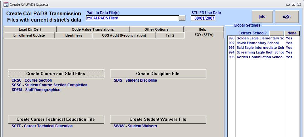 Create Curse and Staff Files CRSC - Curse Sectin SCSC - Student Curse Sectin Cmpletin SDEM - Staff Demgraphics nly pulls STF recrd that impacted a HIS recrd Create Discipline File SDIS - Student
