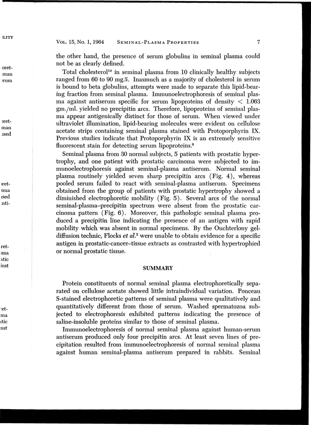 VOL. 15, No.1, 1964 SEMINAL-PLASMA PROPERTIES 7 the other hand, the presence of serum globulins in seminal plasma could not be as clearly defined.