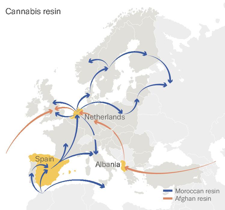 Moroccan trafficking routes diversify while Afghan hash makes inroads The Netherlands and, probably to a lesser extent, Belgium are traditional distribution hubs of cannabis resin, for instance to