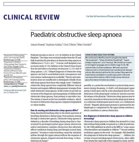 Obstructive sleep apnoea in children Very common 12-15% snore 2% have OSA 15000