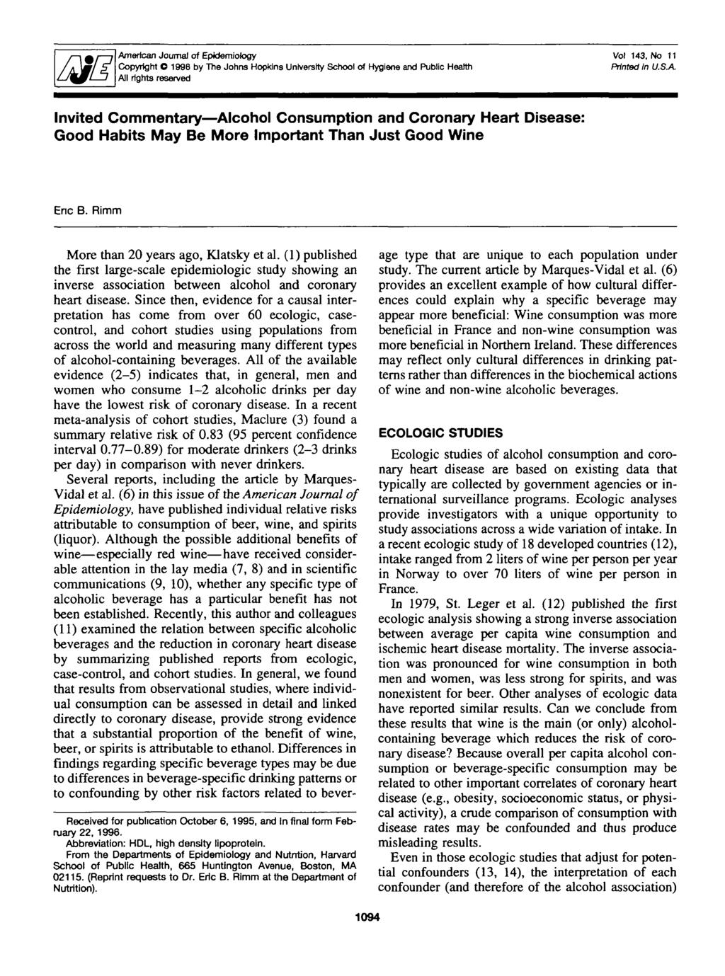 American Journal of Epidemiology Copyright O 1996 by The Johns Hopkins University School of Hygiene and Public Health All rights reserved Vol 143, No 11 Printed in U.SA.