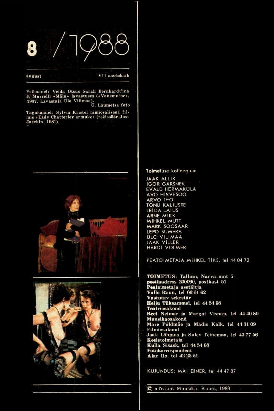 VII aasitalkäik Esikaanel: Velda Otsus Sarah Bernhardana Л. Murrelli «Mälu» lavastuses («Vanemuine», 1987. Lavastaja Ül