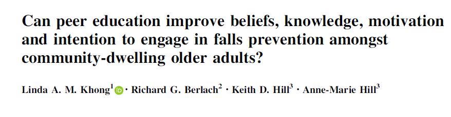 2 groups pre-test post-test study design Community-dwellers attending a peer-led presentation to raise awareness about falls prevention Control (n=99)- 1-h presentation on falls (risk factors and