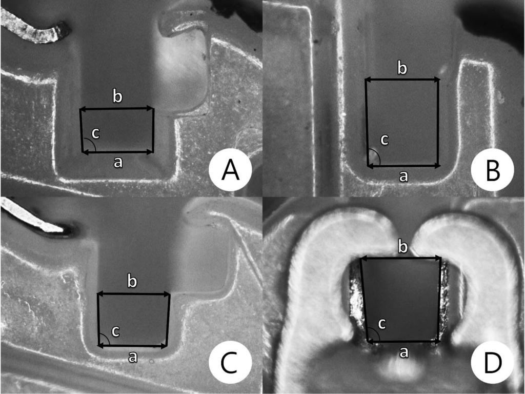 806 LEE, LEE, KIM Figure 1. Stereomicroscopic imges of the rckets mesil profiles tht were used to mesure the slot dimensions: slot-se width (), top width (), nd slot divergence ngle (c).