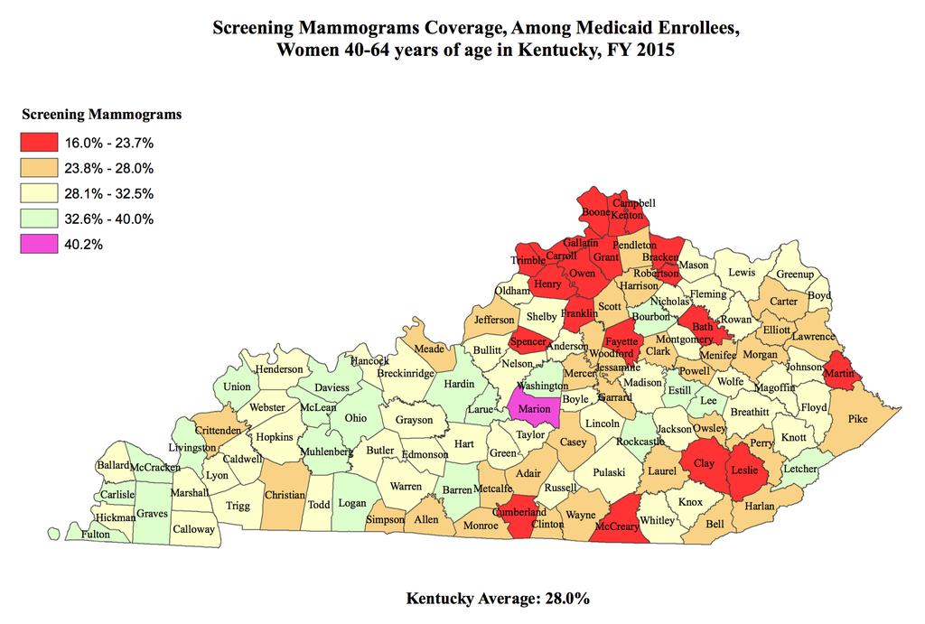 11 Figure 2: Graphic representation of screening rates and areas of highest need in Kentucky Figure 2 depicts rates for screening mammograms ranging from 16 percent to