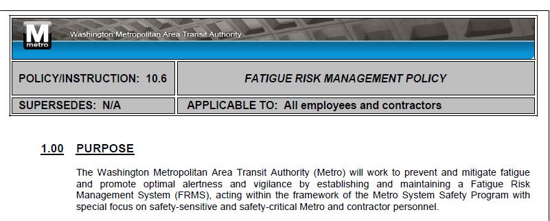 Policy and Plans WMATA Fatigue Risk Management Policy