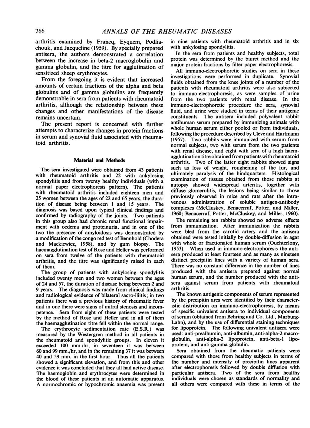 266 arthritis examined by Francq, Eyquem, Podliachouk, and Jacqueline (1959).