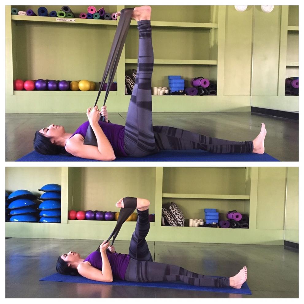 IT Band Stretch Use an exercise/stretch band in this movement. Keep your pelvis neutral and square to the floor.