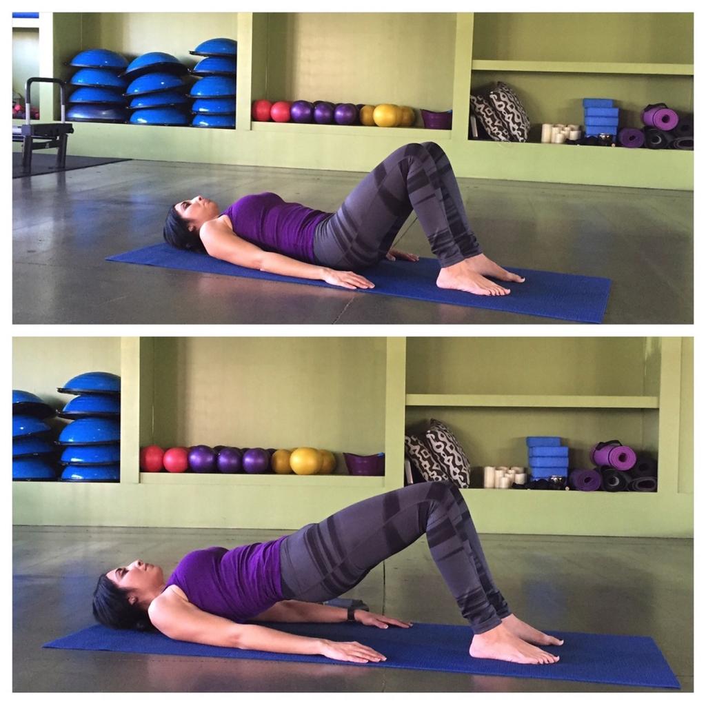 Pelvic Roll Begin by laying on the floor. Bend both knees, feet firmly planted on the floor. Knees and feet are hip width apart.