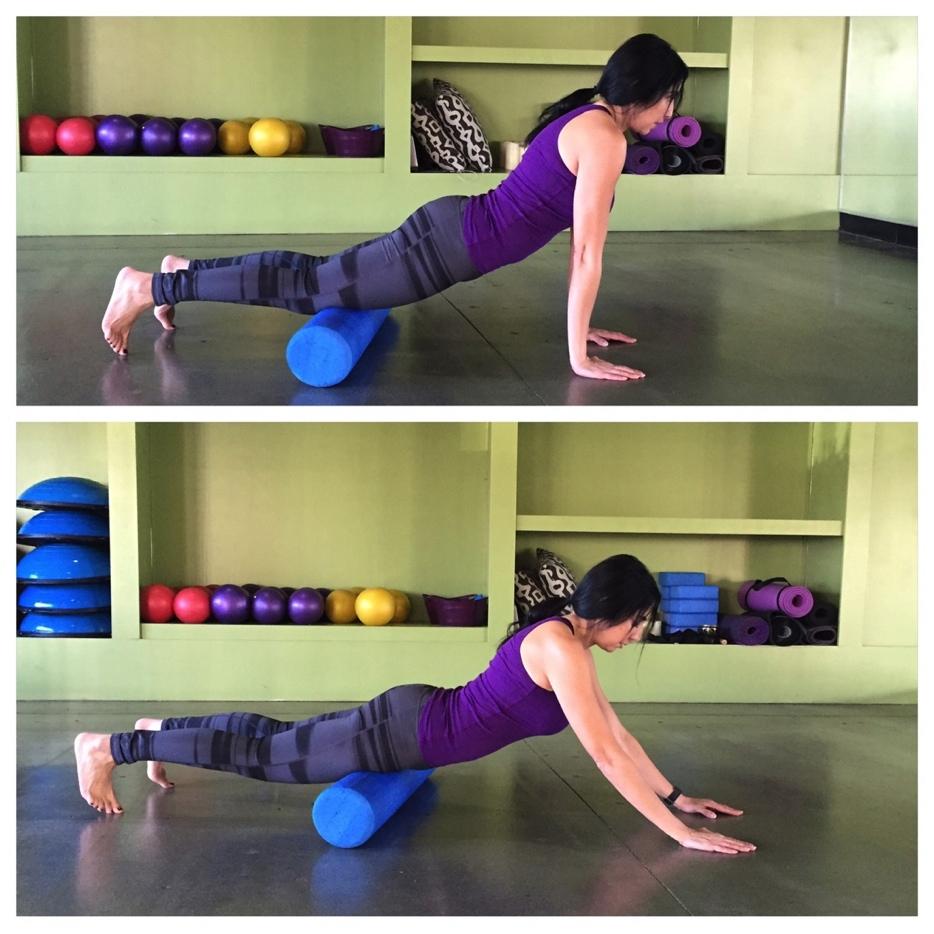 Quad Foam Roll Use a foam roller for this movement. Begin by laying stomach down on the foam roller. Legs extended straight out behind you, toes pressed down to the floor.