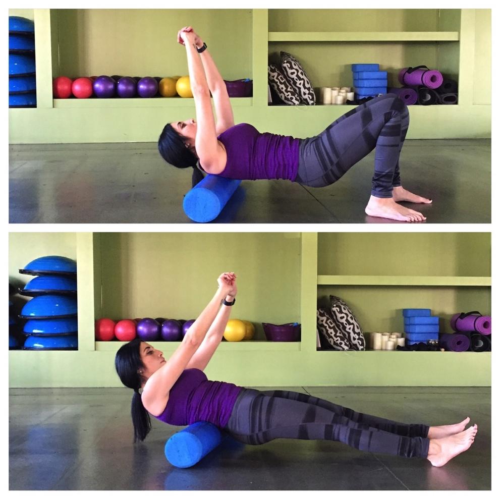 Back Foam Roll Use a foam roller for this movement. Begin by laying your upper back down on the roller. Bend both knees with feet firmly pressed on the floor.