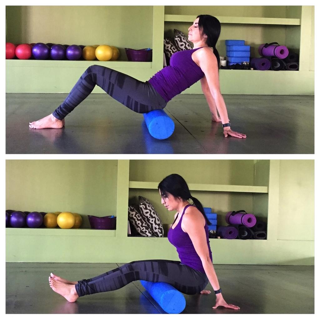 Glute/Hamstring Foam Roll Use a foam roller for this movement. Begin by sitting on the foam roller. Arms straight placed behind you. Knees bent, feet firmly placed on the floor.