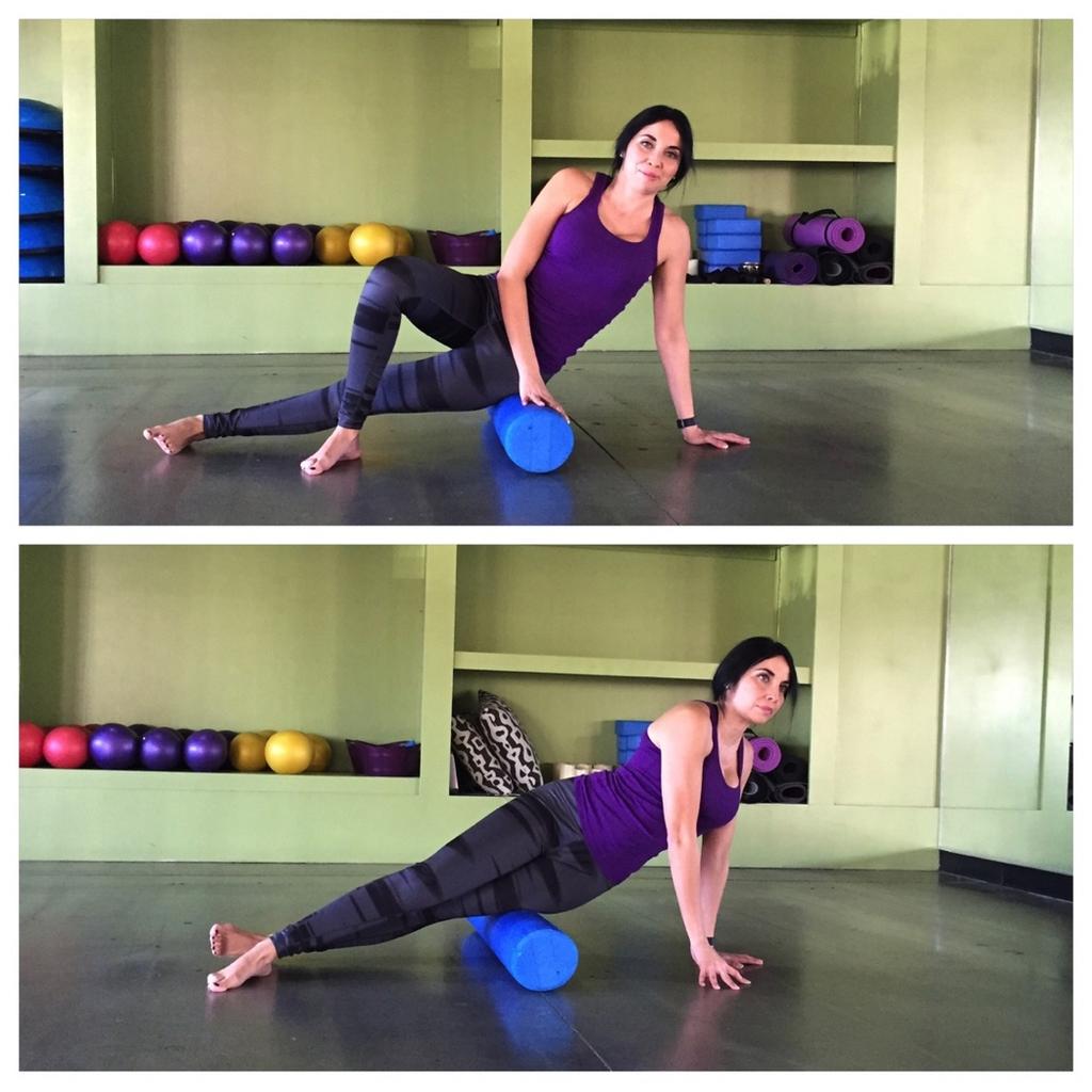 IT Foam Roll Use a foam roller for this movement. Begin by placing your left hip directly on the foam roller. Right knee is bent with foot firmly placed on the floor.