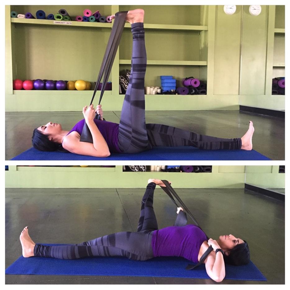 Hip Stretch Use an exercise/stretch band in this movement to assist you in completing this move. Keep your pelvis neutral and square to the floor.
