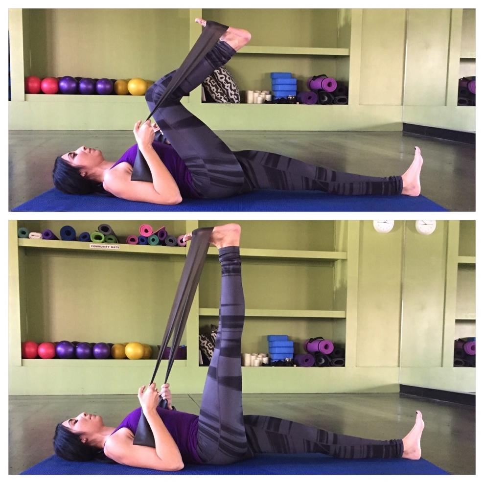 Hamstring Heel Press Use an exercise/stretch band in this movement. Keep your pelvis neutral and square to the floor.