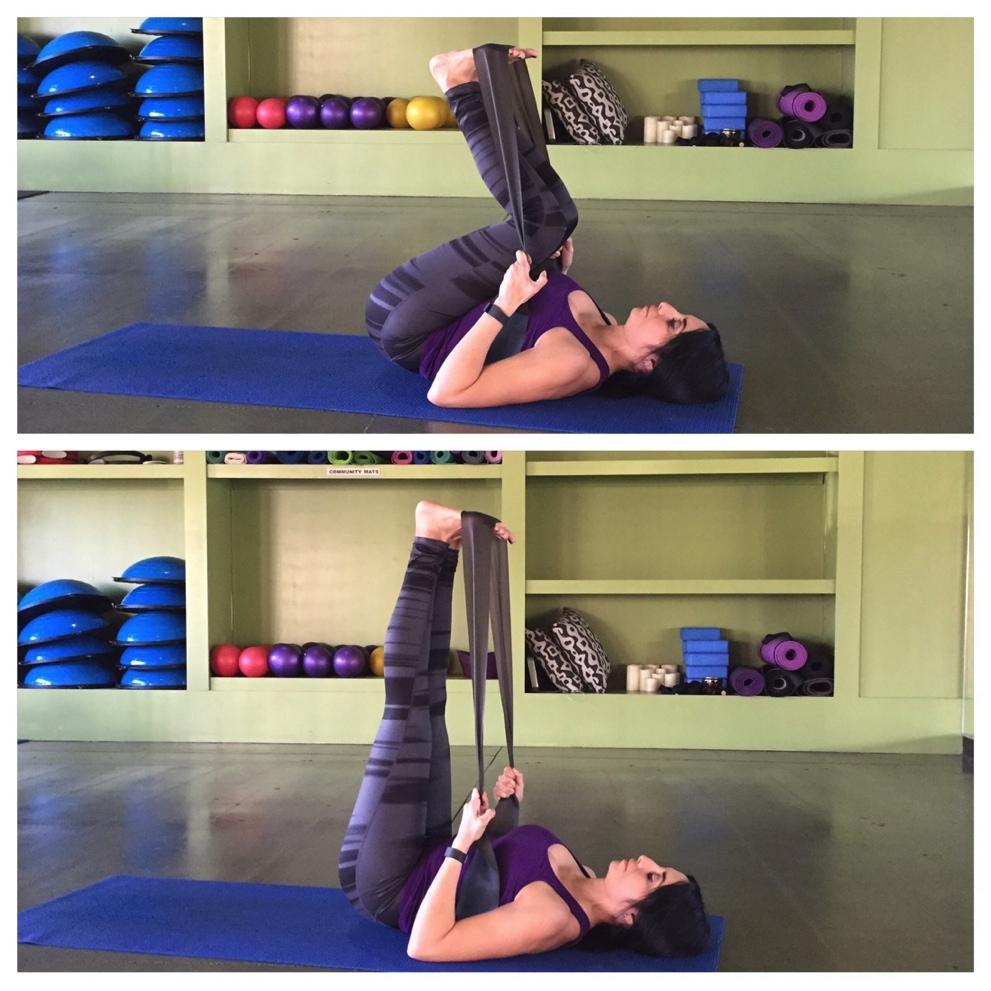 Double Heel Press Use an exercise/stretch band in this movement. Keep your pelvis neutral and square to the floor.
