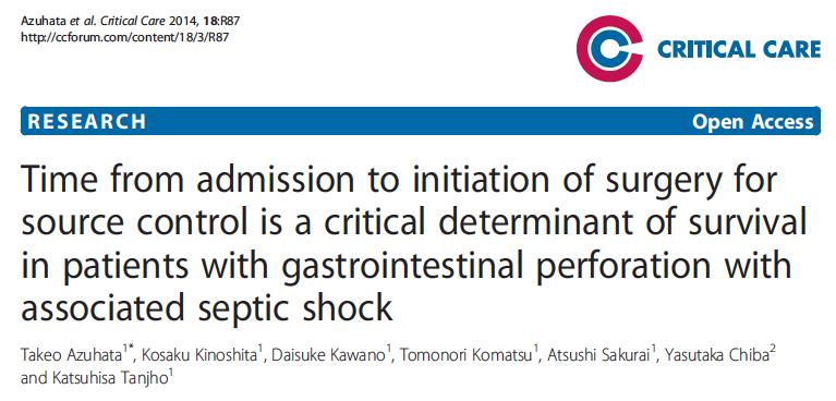 For patients of GI perforation with associated septic shock, time from admission to initiation of surgery for source control is a critical determinant, under the condition of being supported by