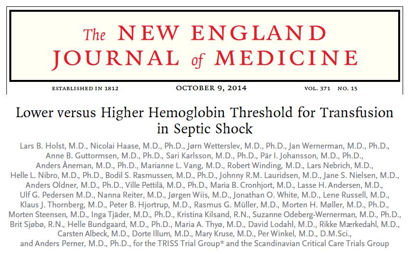 In this multicenter, parallel-group trial, we randomly assigned patients in the intensive care unit (ICU) who had septic shock and a hemoglobin concentration of 9 g per deciliter or less to